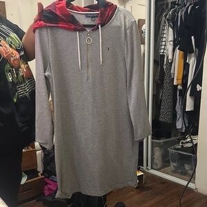 Tommy Hilfiger Gray Dress with Red Plaid Hood